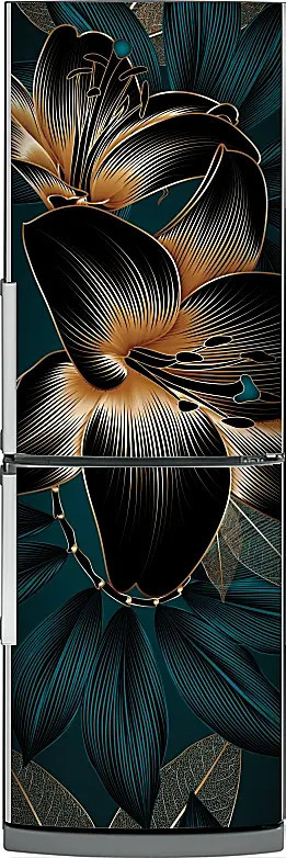 Интерьерная Магнитная наклейка на холодильник "Золотые лилии". Размер 60*200см. Магнит для дома, интерьерные #1