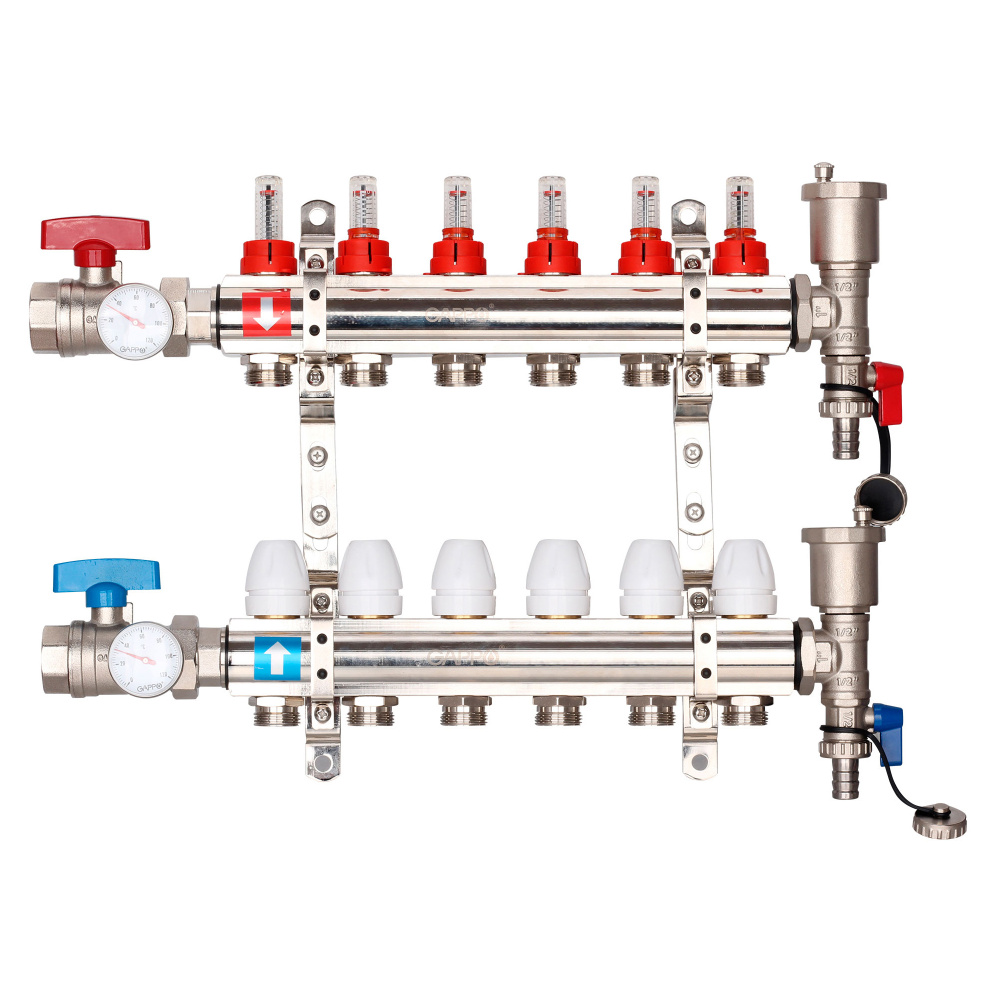 Коллектор регулируемый с расходомерами из латуни Gappo G421.6 6-вых.x1"x3/4" уп. 1 шт.  #1