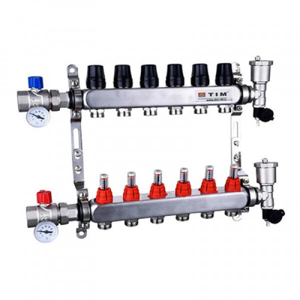 Коллектор из нержавеющей стали для теплых полов с расходомерами 1" - 3/4" Евроконус - 6 выхода (КВАДРАТ, #1