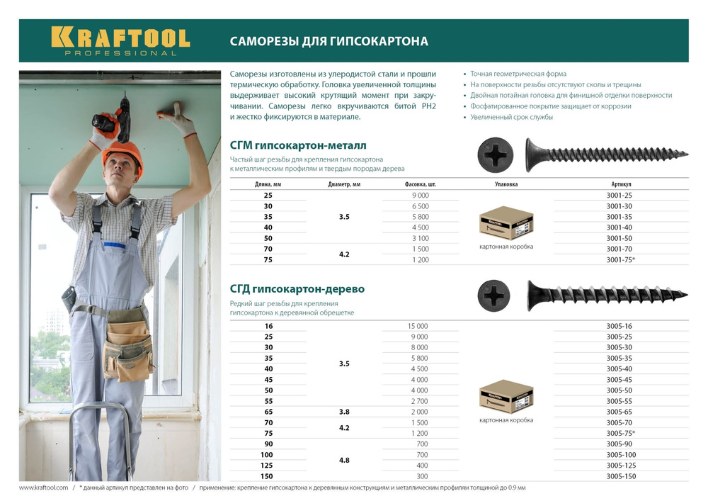 Саморезы СГМ гипсокартон-металл, 40 х 3.5 мм, 4 500 шт, фосфатированные, KRAFTOOL 3001-40  #1