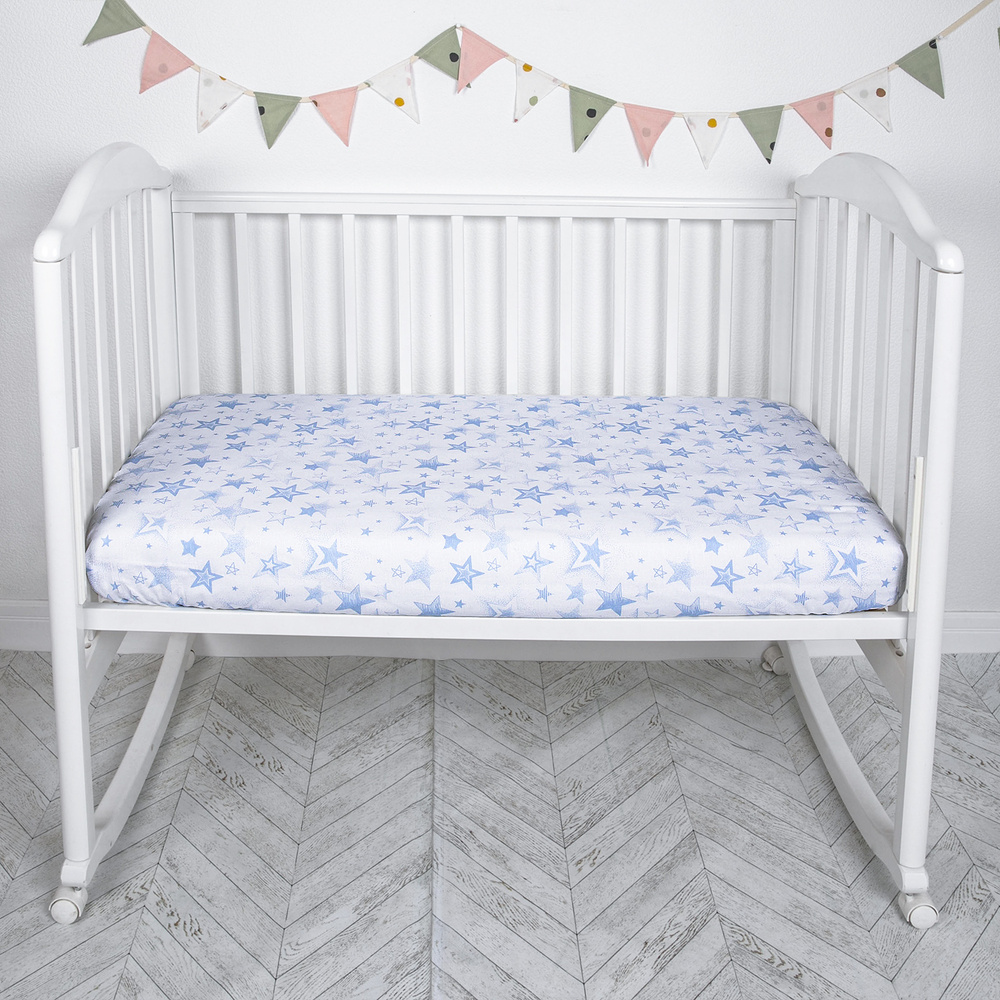 Простыня на резинке, для новорожденных, детская в кроватку 60x120 см, Звезды голубые, цвет белый  #1
