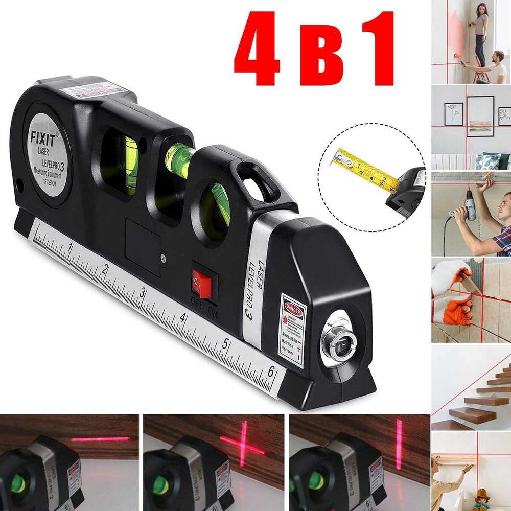 Многофункциональный лазерный уровень с линейкой и рулеткой 2,5 м Laser Level Pro 3 / электронный строительный #1