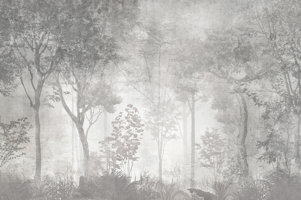 Фотообои флизелиновые на стену 3д GrandPik 26027 Лофт "Лес, деревья в тумане, винтаж, серые" (ШхВ), 420х280 #1