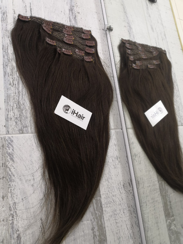 Натуральные волосы на заколках, длина 60см, 120 г. Темно коричневый №1C  #1