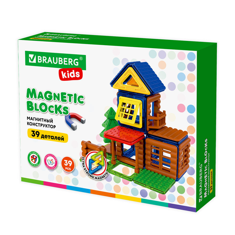 Магнитный конструктор MAGNETIC BUILD BLOCKS-39 "Построй дом", 39 деталей, BRAUBERG KIDS, 663849  #1