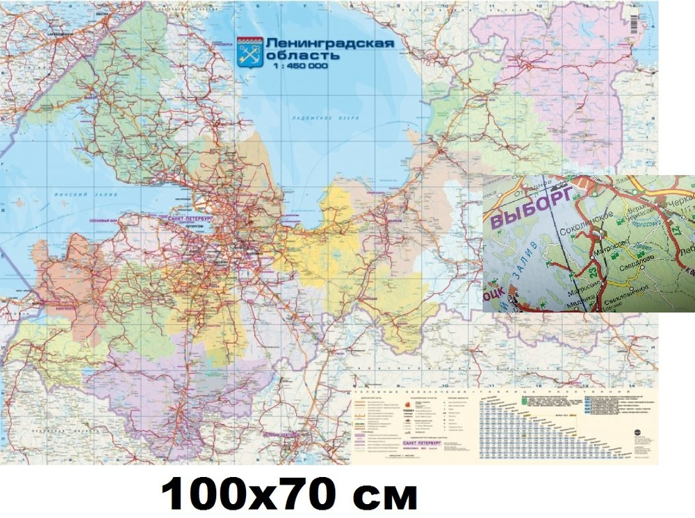 Карта Ленинградская область настенная 100х70 см с границами районов, дорогами  #1