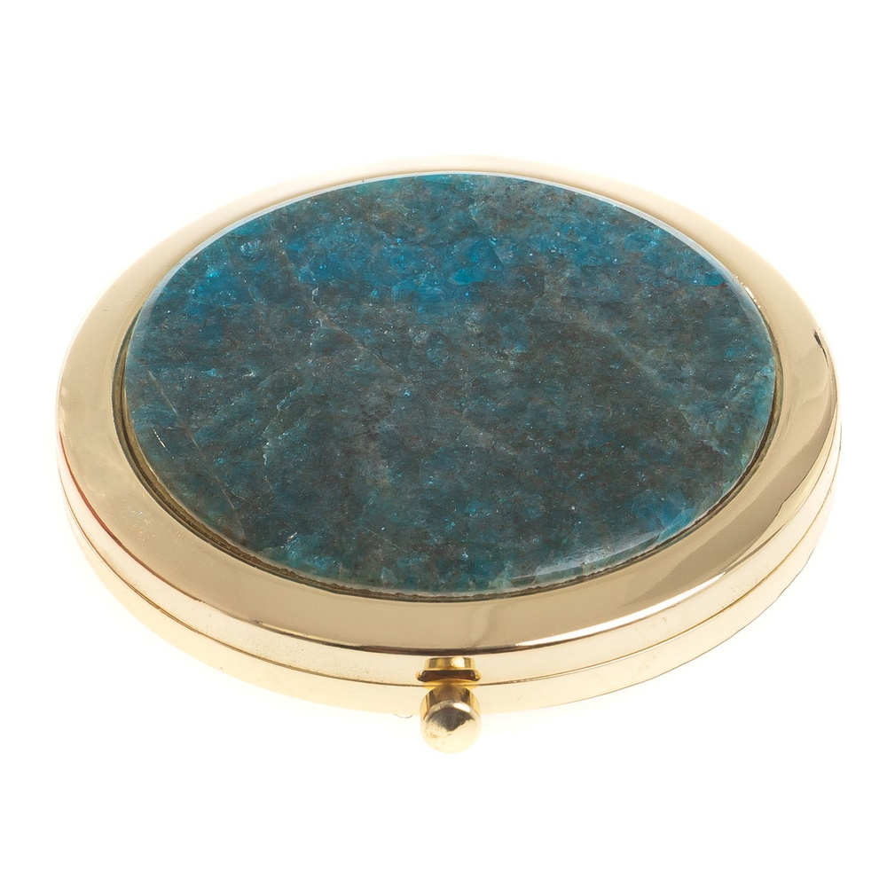 Зеркало круглое из камня голубой апатит цвет золото / зеркало карманное / зеркальце косметическое складное #1