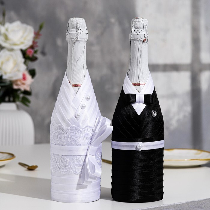 Украшение для шампанского "Жених и невеста", чёрно-белое  #1