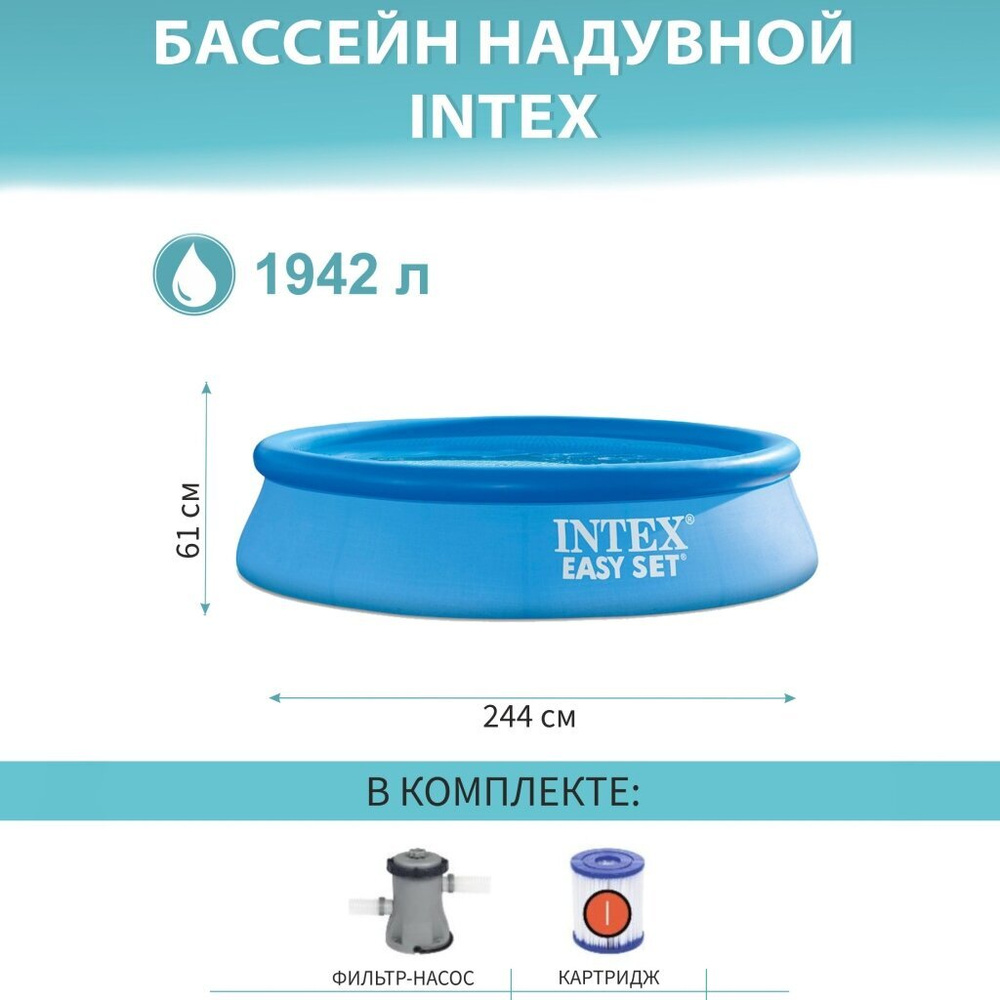 Бассейн надувной Intex, 244х61 см, Easy Set, фильтр-насос, 1942 л #1