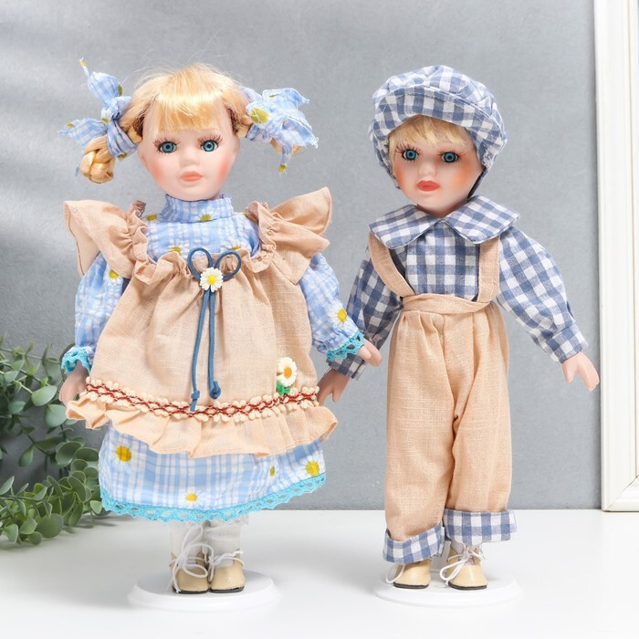 Кукла коллекционная парочка Лиза и Коля, наряды в ромашку набор 2 шт 30 см  #1