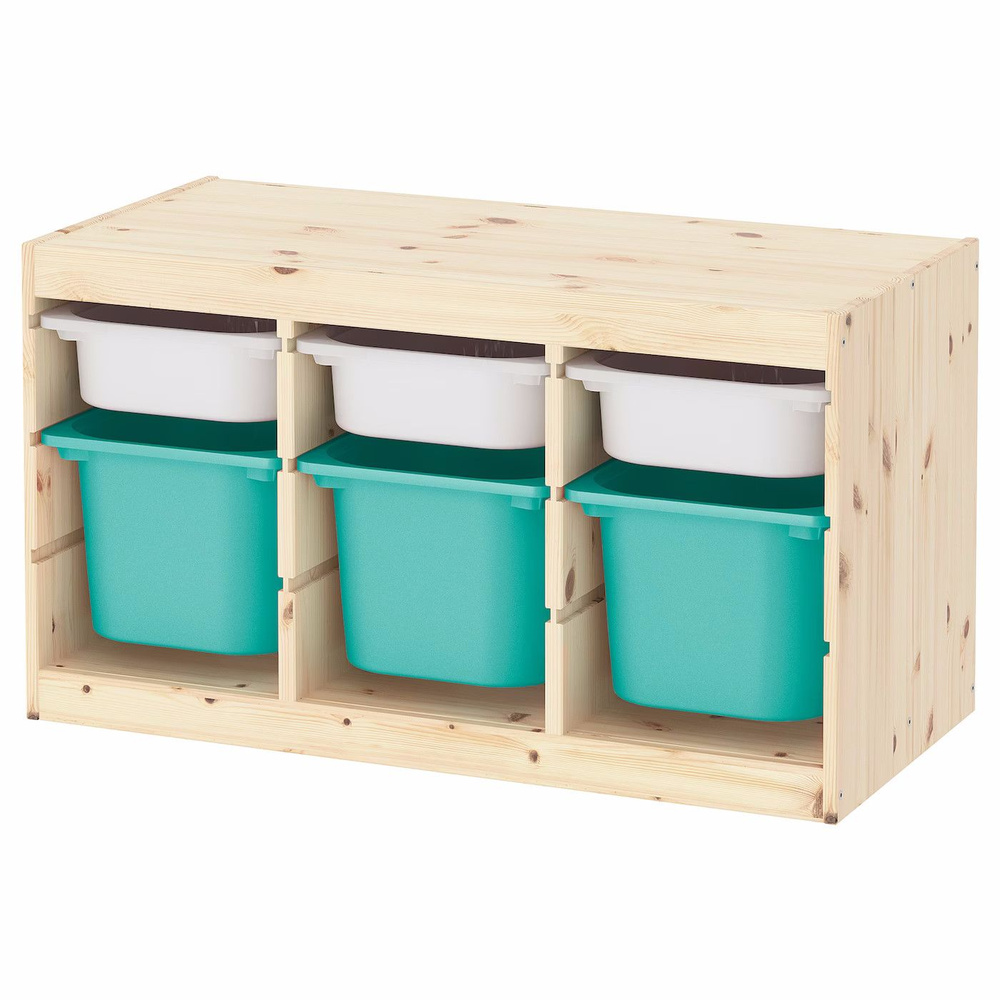 Деревянный стеллаж для игрушек с белыми (3) и бирюзовыми (3) контейнерами TROFAST, 93.3х43.8х52.2 см #1