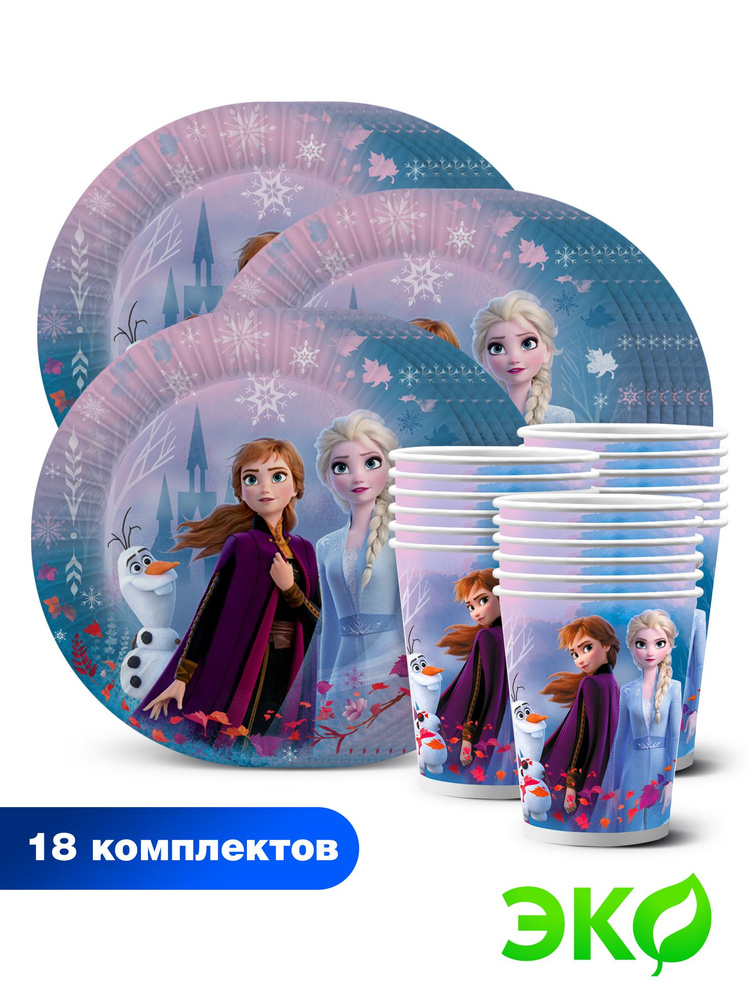 Набор одноразовой бумажной посуды для праздника ND Play / Frozen 2 Эльза и Анна (тарелка 18 см., стакан, #1