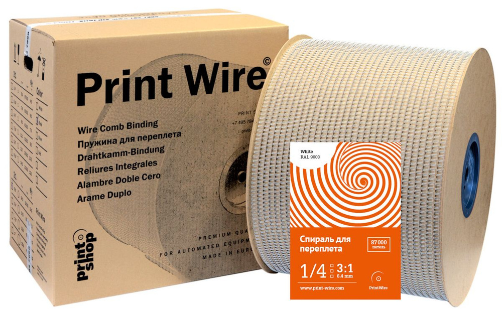 Спираль для переплета Print Wire металлическая, 6,4 мм (1/4) в шаге 3:1, бобина, 87000 петель, белая #1