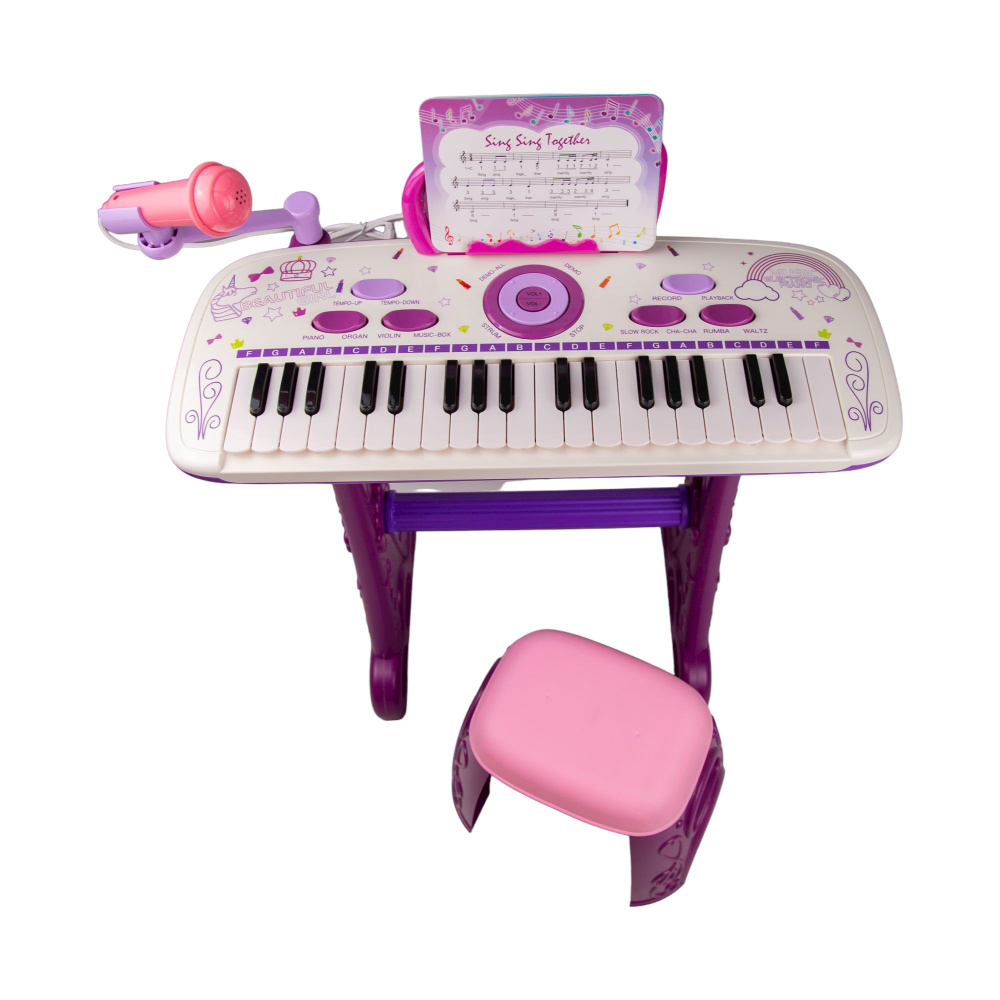 Пианино детское музыкальное со стульчиком и микрофоном на стойке, работает от сети или от батареек, Синтезатор #1