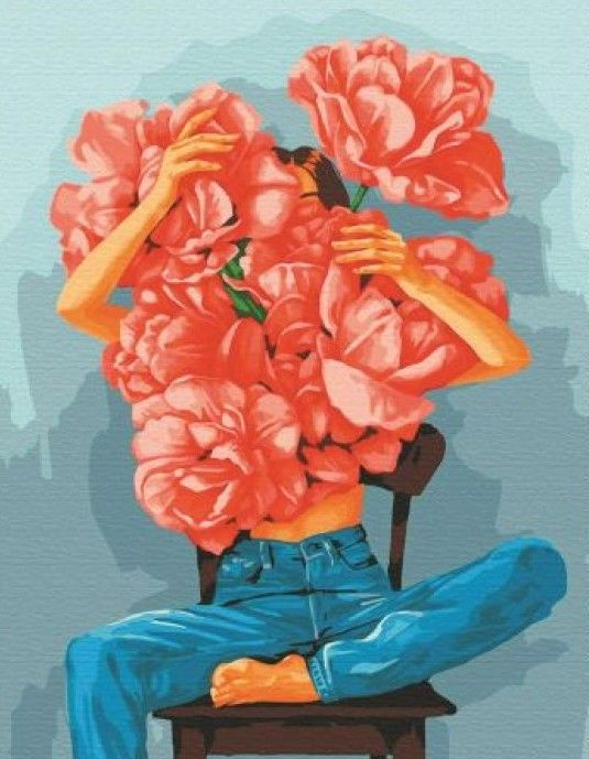 Алмазная мозаика на подрамнике 40x50 Полная выкладка. 40 х 50 : Девушка в джинсах и с огромными цветами #1