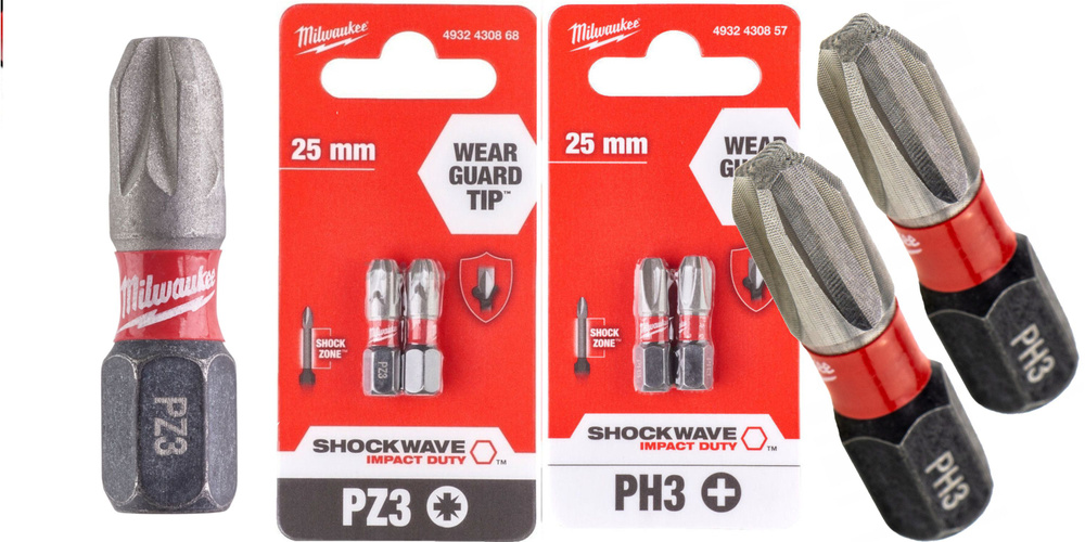 PH3(2шт)+PZ3(2шт) 25мм. Набор бит для шуруповёрта ударных Shockwave MILWAUKEE  #1