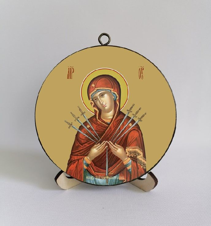 Освященная круглая икона на дереве ручной работы - Богородица Семистрельная. диаметр 12 х 1,5 см, арт #1