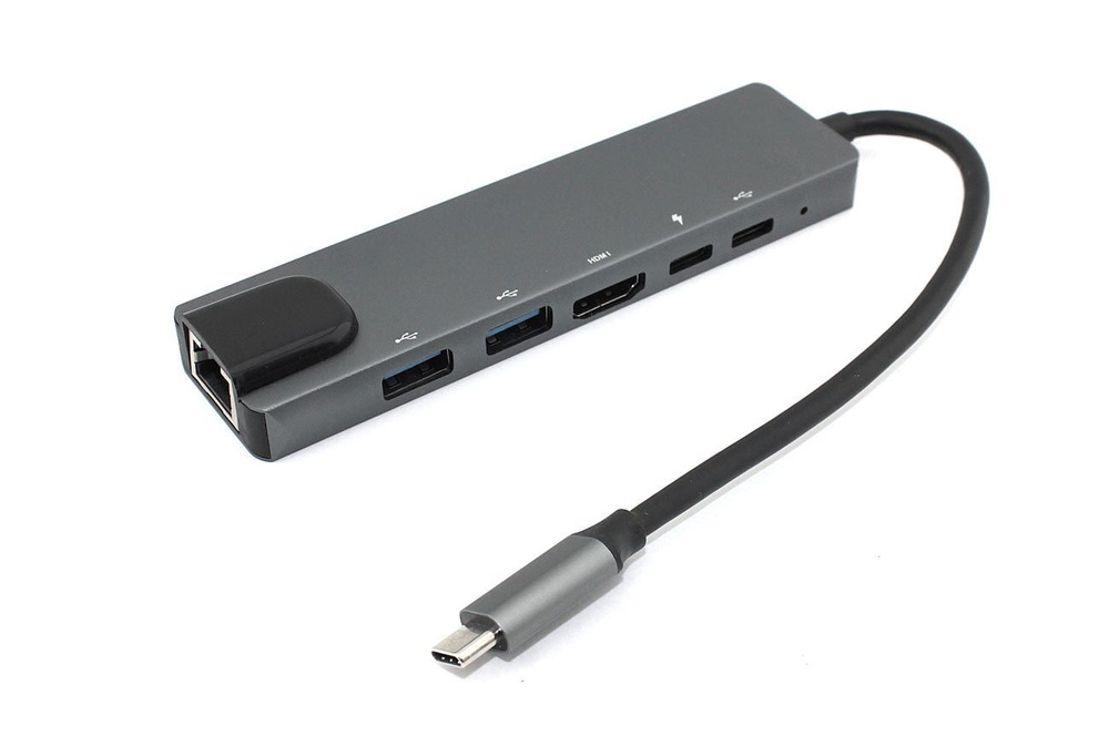 Адаптер Type C на HDMI, USB 3.0*2 + RJ45 + Type C*2 серый #1