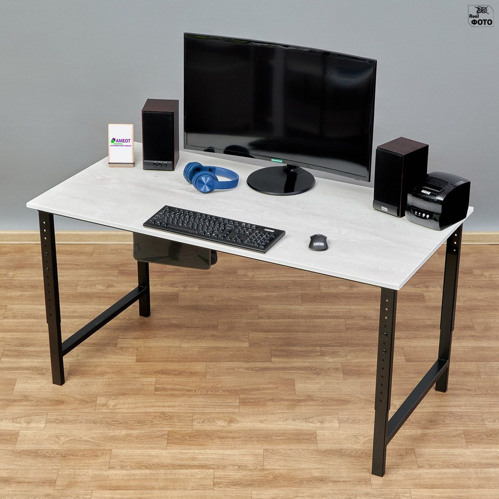 Компьютерный стол регулируемый по высоте Мадий 12С ш138/г70/в61-91 сосна битон белый/черный на металлокаркасе #1