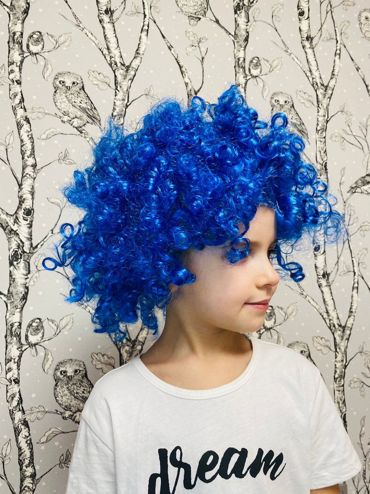 Парик карнавальный кудрявый клоуна Длина волоса 15 см Цвет синий  #1