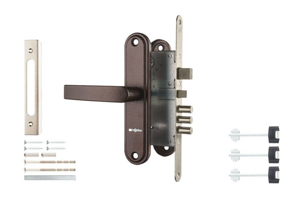 Замок Sam (Сам) врезной сувальдный с защёлкой в компл с ручкой ЗВ9-8.3/13лев (медн ант), 3 кл88011  #1