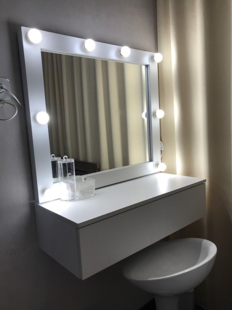 Туалетный столик с зеркалом и подсветкой, Гримерное зеркало с подсветкой и консолью 80х90х35, цвет Белый #1