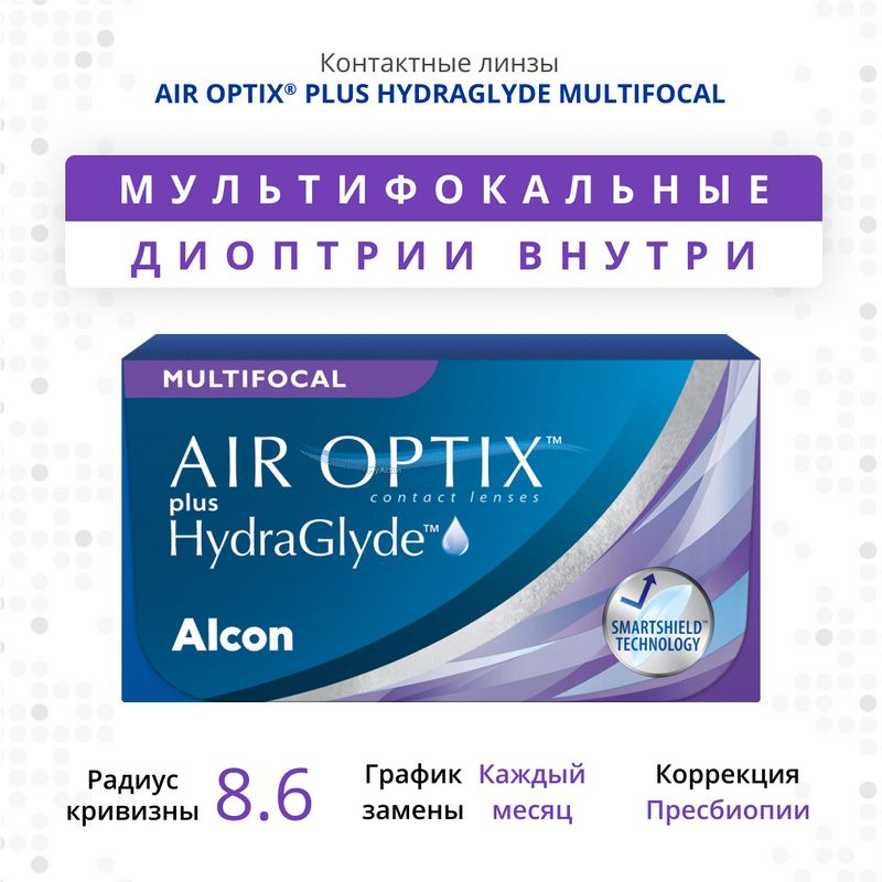 Мультифокальные линзы Air Optix Hydraglyde Multifocal, Ежемесячные, -4.50 / 14.2 / 8.6, Аддидация: MID #1