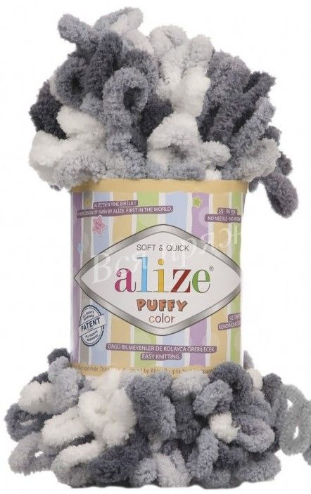 Пряжа Alize Puffy Color -2 шт. в упаковке, светло серый- темно- серый- белый (5925), 9 м/100 г, большие #1