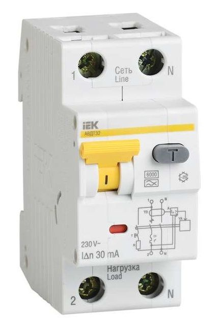 Выключатель автоматический дифференциального тока 2п (1P+N) C 6А 30мА тип A 6кА АВДТ-32 IEK MAD22-5-006-C-30 #1