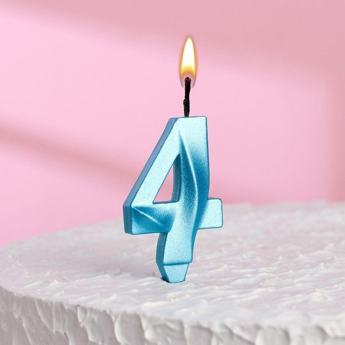 Свеча в торт "Грань", цифра "4", голубой металлик, 7.8 см #1