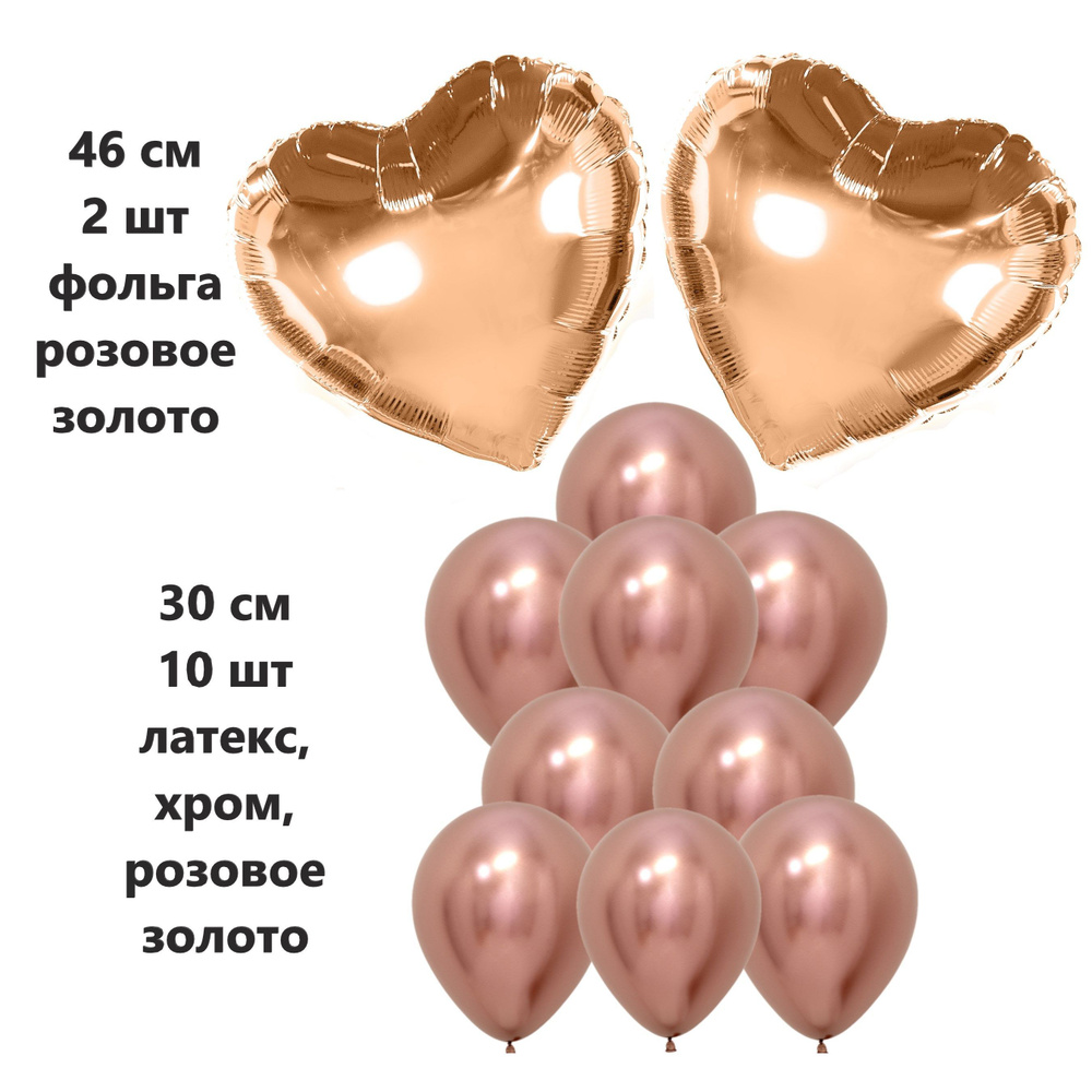 Воздушные шары, латекс+фольга, набор "Розовое золото" (хром/фольга Сердце) 12 штук  #1