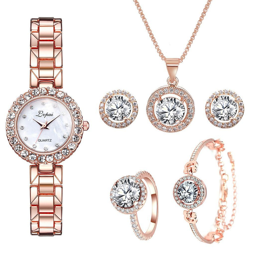 Набор украшений: часы, браслет, цепочка с кулоном, серьги, кольцо / Часы женские.  #1