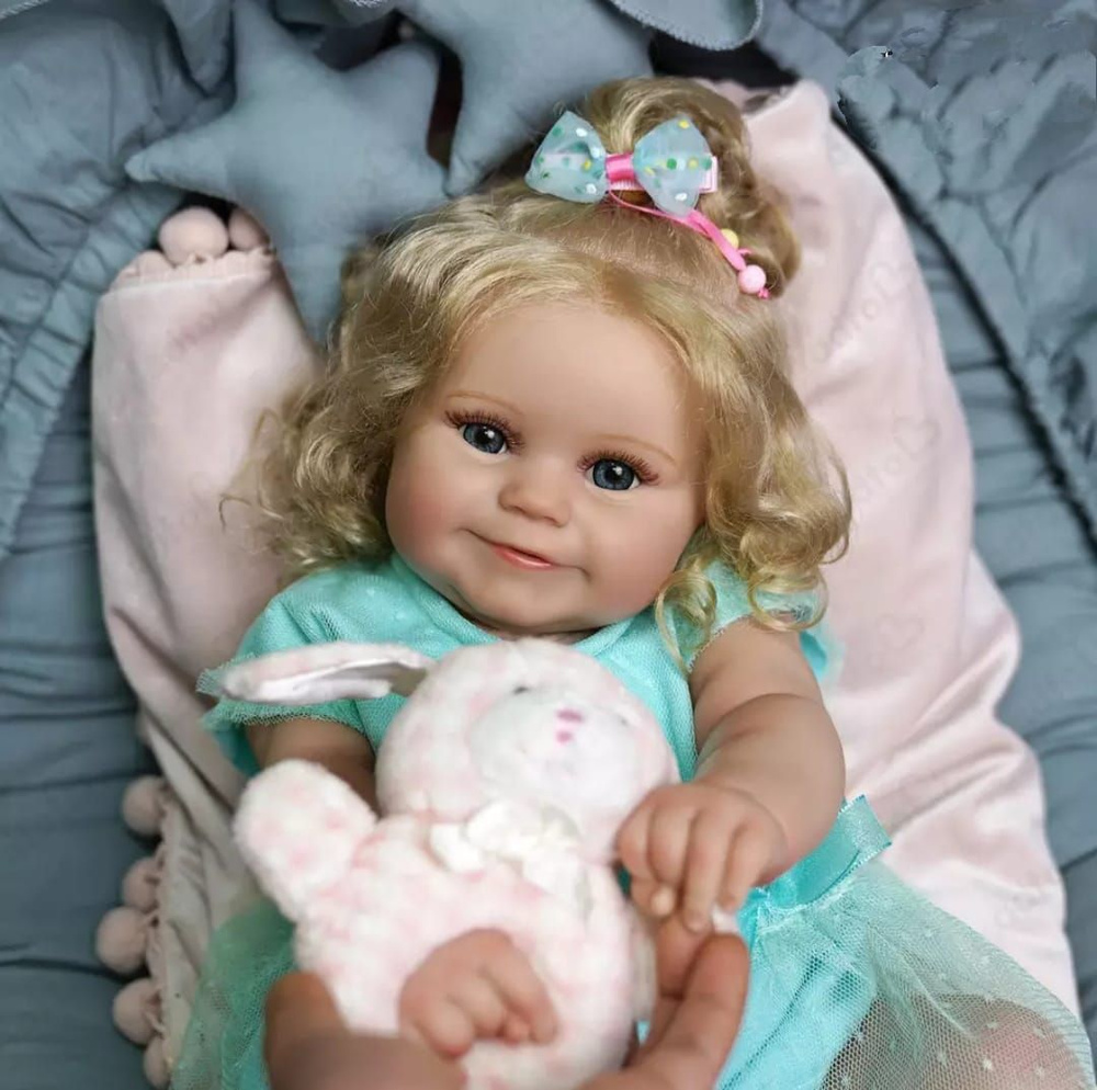 Кукла реборн NPK Doll большая, мягконабивная 60см. Кукла младенец Reborn в бирюзовом платье  #1