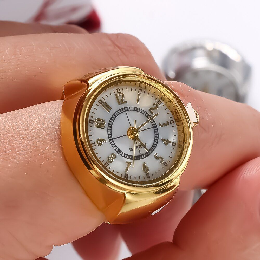 Кольцо-часы круглые в золотистом корпусе с белым циферблатом в стиле компаса  #1