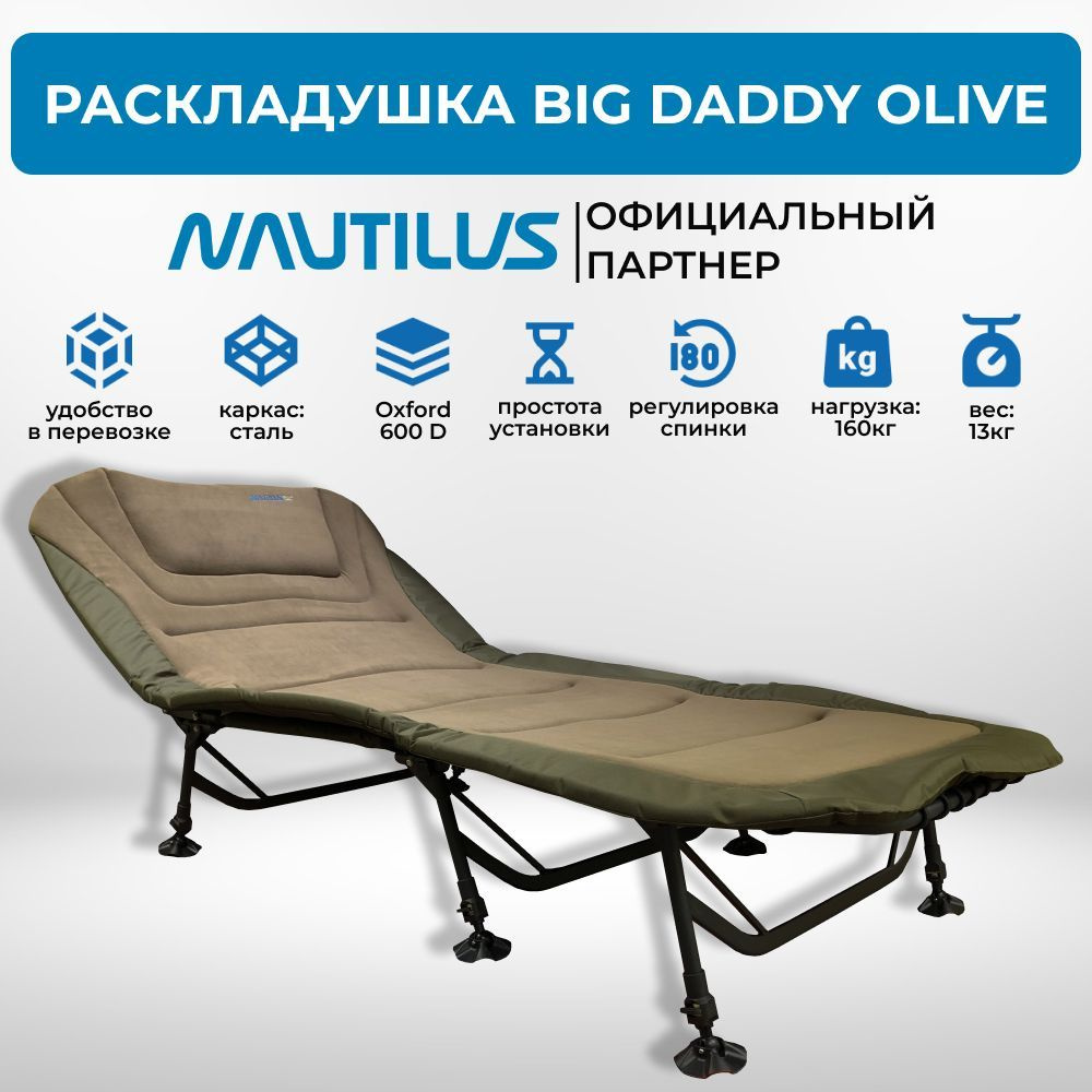 Раскладушка Nautilus BIG Daddy Olive 210х98х45 см нагрузка до 160кг #1