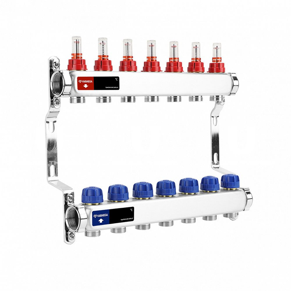 Коллекторная группа для теплого пола Varmega на 7 контуров, ВР 1", отводы 3/4"EK, нержавеющая сталь, #1