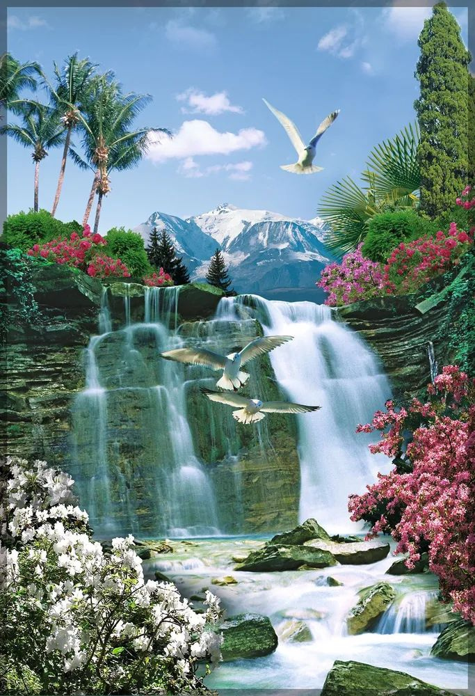 Фотообои глянцевые на стену Тропический рай (водопад) 134*196 см 4 листа  #1