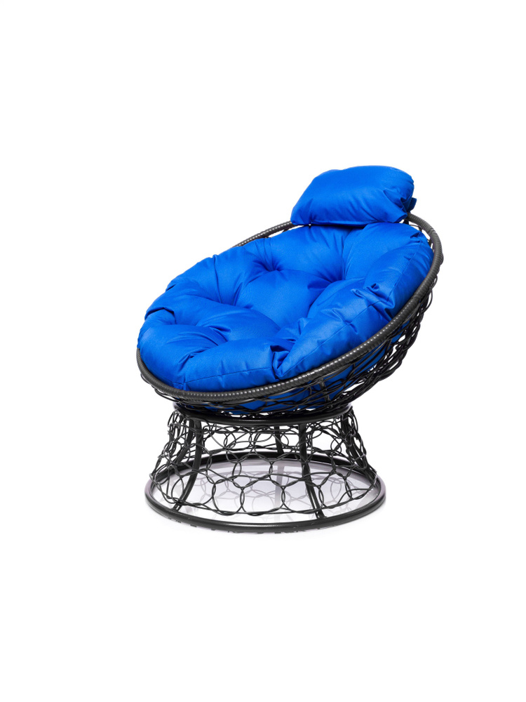 Кресло ПАПАСАН мини с ротангом серое, синяя подушка #1