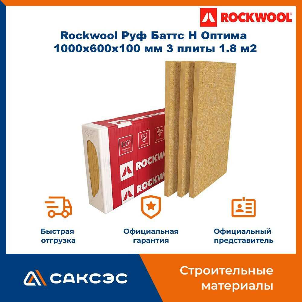 Утеплитель для плоской кровли из минеральной ваты Rockwool Руф Баттс Н Оптима 1000х600х100 мм, 3 плиты, #1