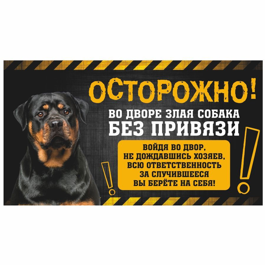 Табличка, с юмором, прикол, DANGER DOG, Осторожно! Во дворе собака без привязи, Ротвейлер 25x14 см  #1
