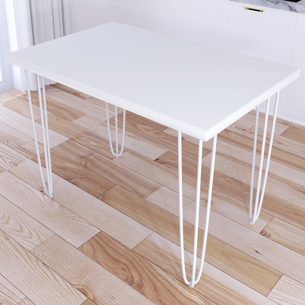 Стол кухонный Loft со столешницей белого цвета из массива сосны 40 мм на белых металлических ножках-шпильках, #1