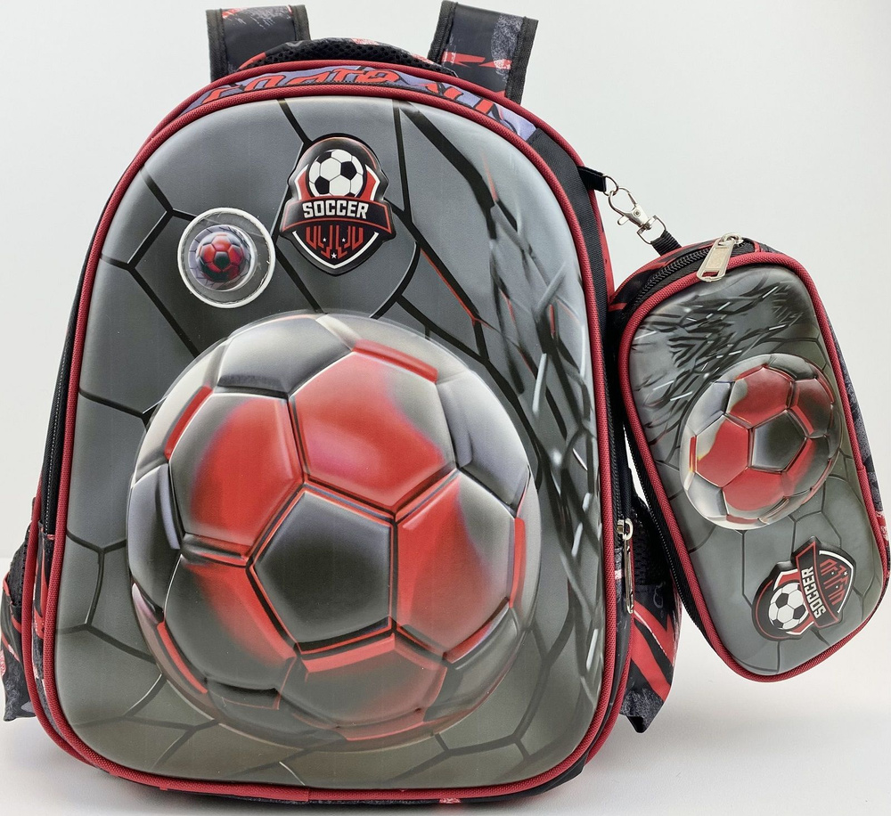 Рюкзак школьный с пеналом "Футбольный мяч / Футбол - Footbool" для мальчиков, темно-красный  #1