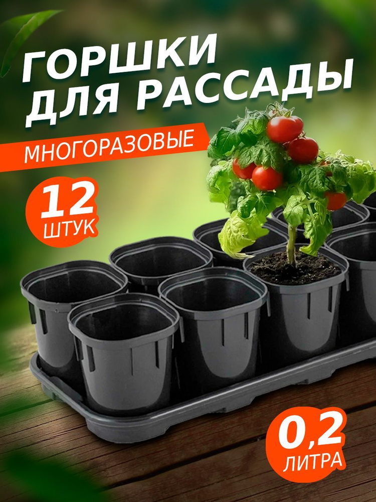 Набор горшков для выращивания рассады, с поддоном, многоразовый, оникс, 12х200мл, 425х145х84  #1