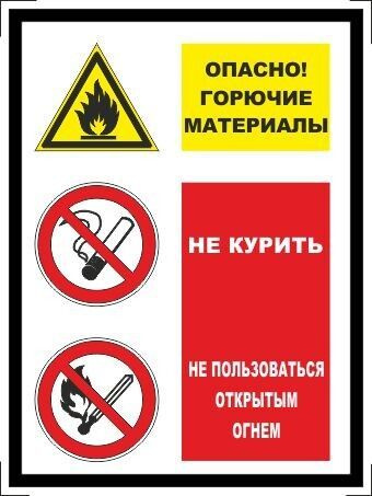 Табличка "Опасно! Горючие материалы, не курить, не пользоваться открытым огнем" А5 (20х15см)  #1