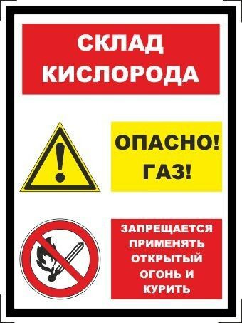 Табличка "Склад кислорода, опасно! Газ! Запрещается применять открытый огонь и курить!" А3 (40х30см) #1