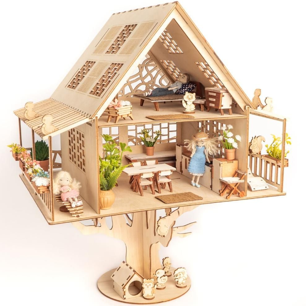 Кукольный домик НА ДЕРЕВЕ, деревянный конструктор для кукол до 12 см мебель в комплекте, высота 45 см #1