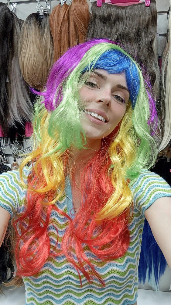 Карнавальный парик разноцветная радуга каскад с челкой (синий, зеленый, фиолетовый, желтый, красный) #1