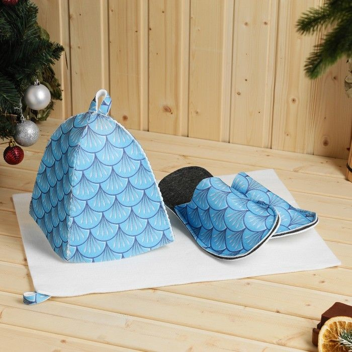 Набор для бани с принтом "Водяной дракон": шапка, тапки, коврик, голубой, размер 41-43  #1