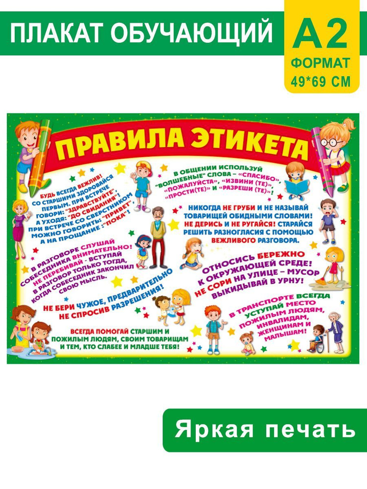 Обучающий плакат "Правила этикета", в начальную школу, плакат на стену, для детей, этика  #1