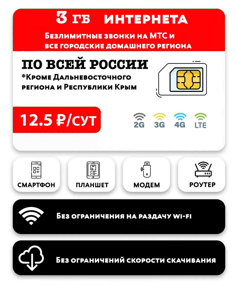 WHYFLY SIM-карта 3 гб интернета 3G/4G/LTE + безлимитные звонки на МТС за 12.5 руб/сутки (Москва, Московская #1